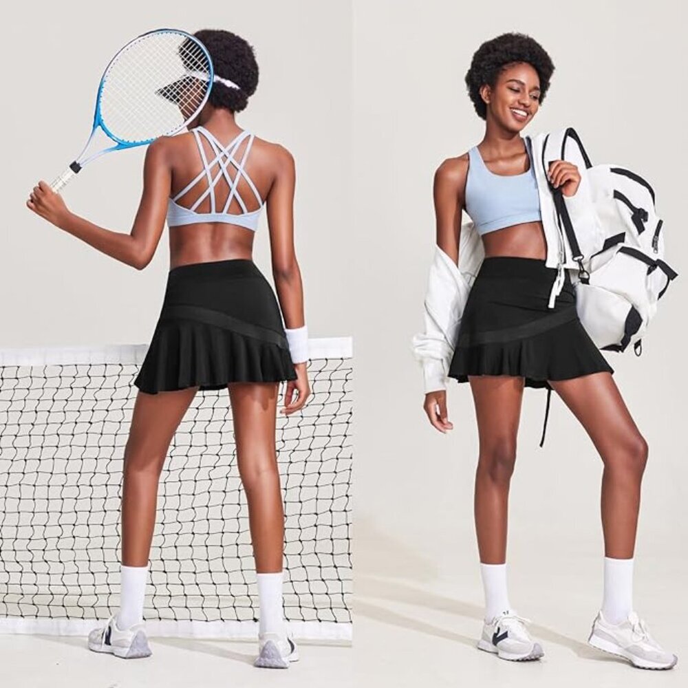 Ekouaer NWT Black Mesh Tennis Skirt w/Shorts Underneath Size XL